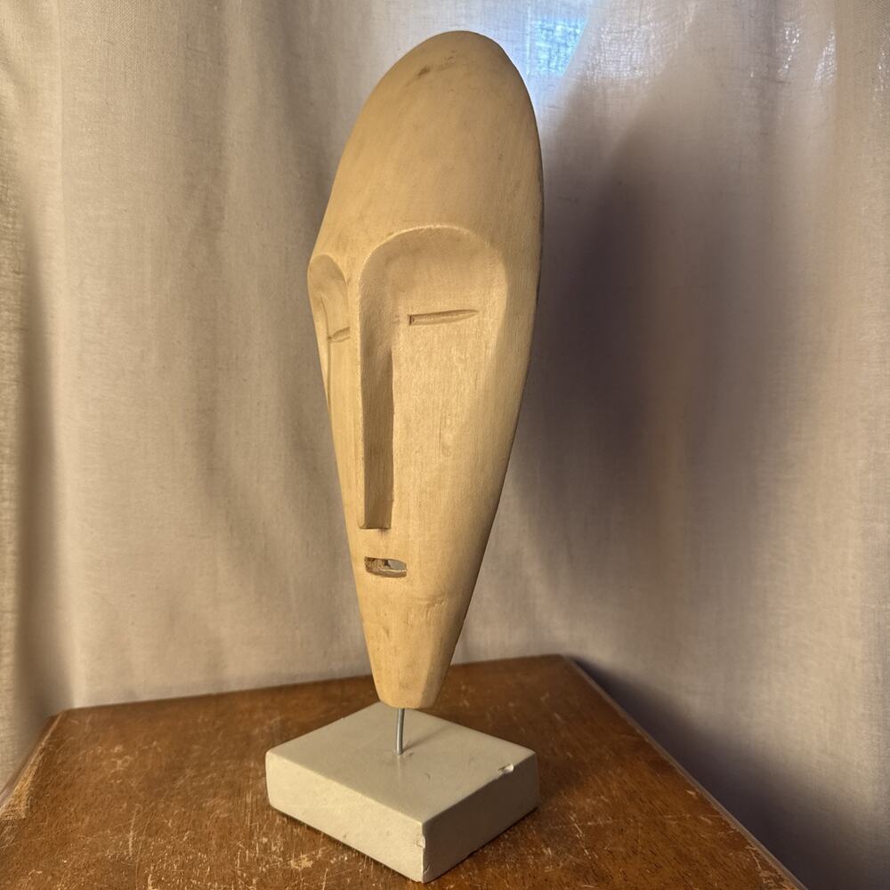 Vtg Hand Carved Wood Mask Head Mask Decor Stone Stand Art Sculpture Statue 14” - Picture 15 of 16